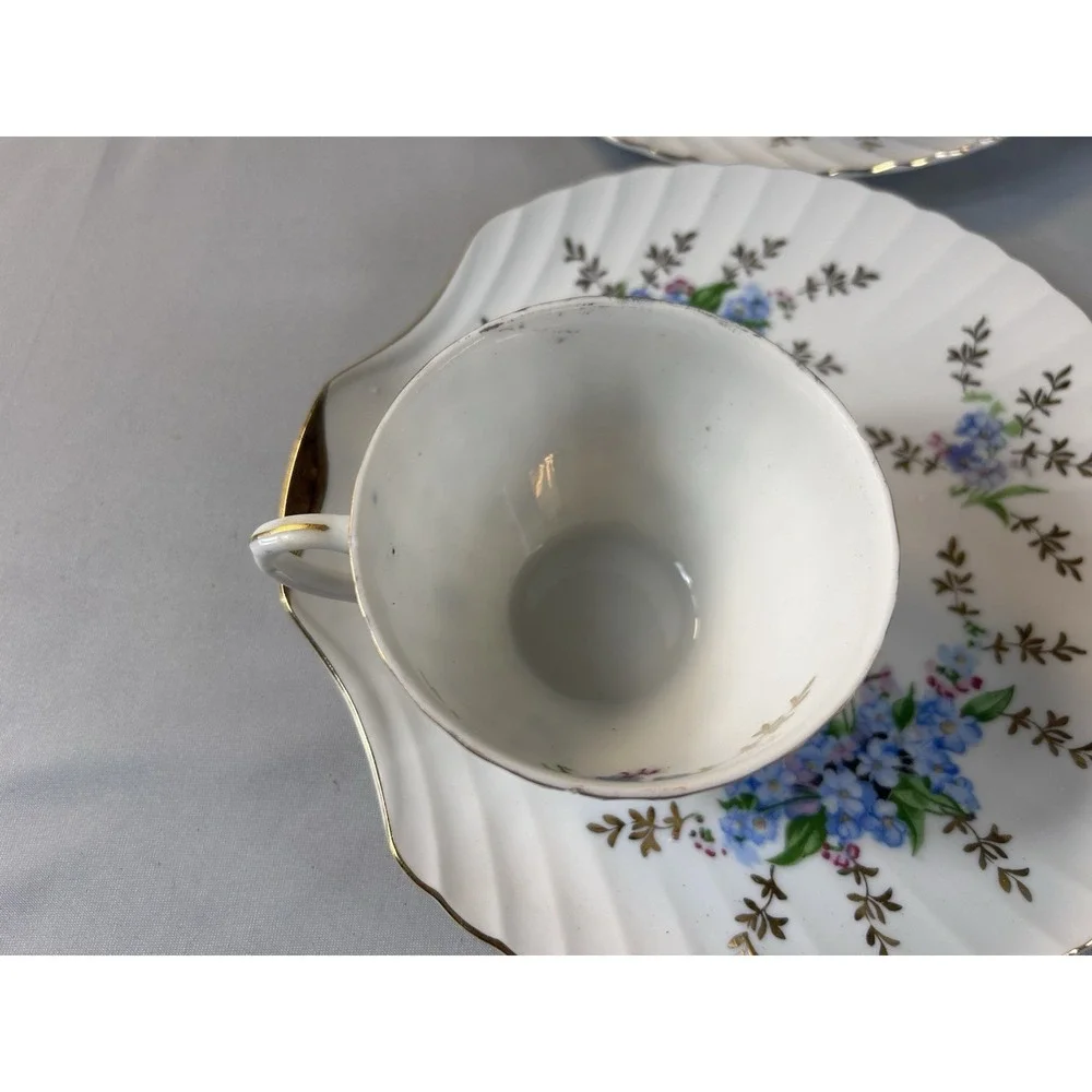 Vintage Japan Tea Cup Saucer Set 4 Blue Floral‎ Gold Trim Scalloped